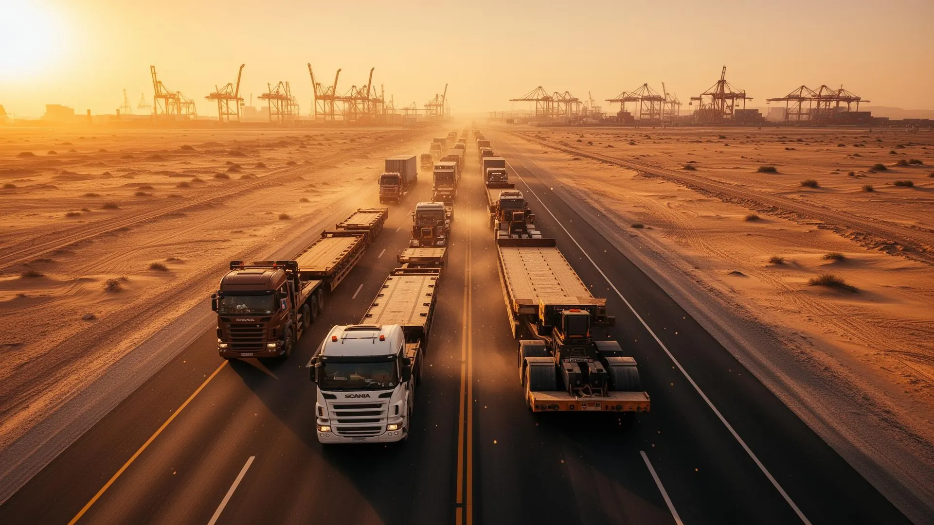 Heavy haulage convoy on a Saudi highway at golden hour